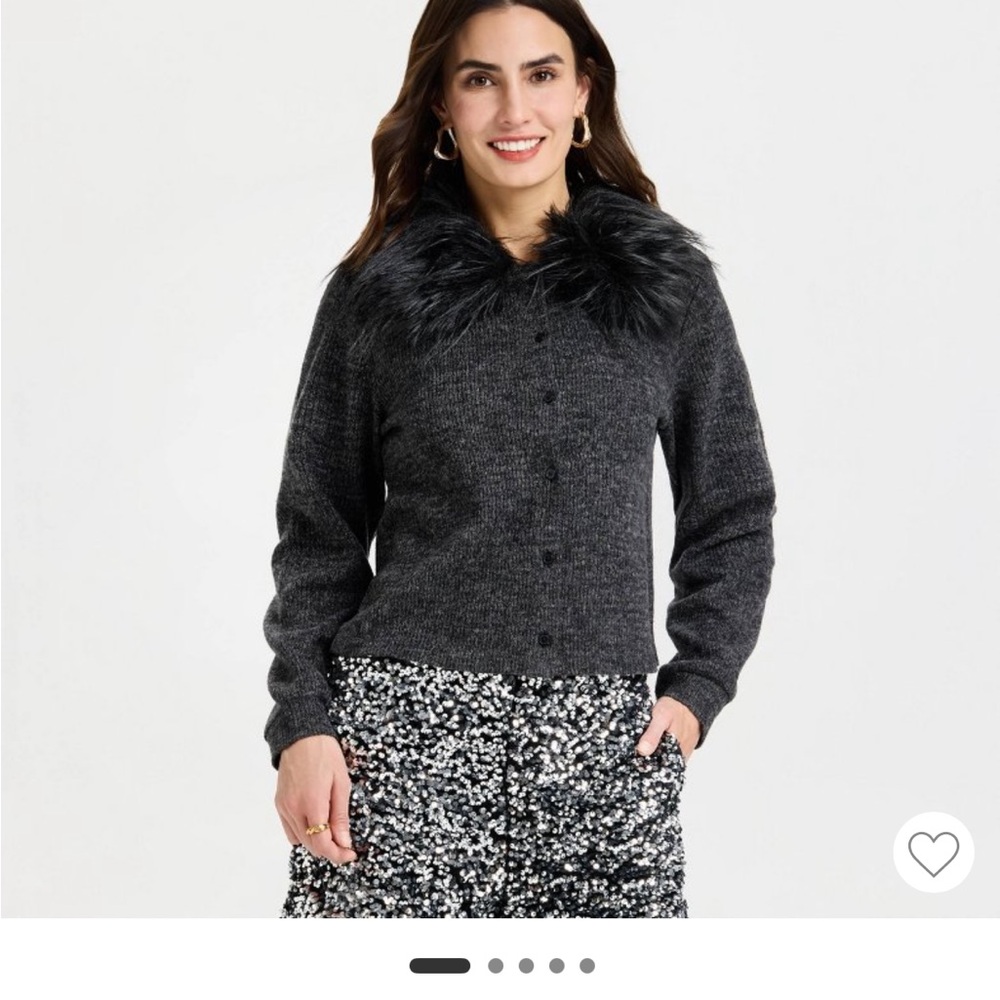 NEW WITH TAGS Large a new day Dark Charcoal Faux-Fur Collar Button-Up Sweater